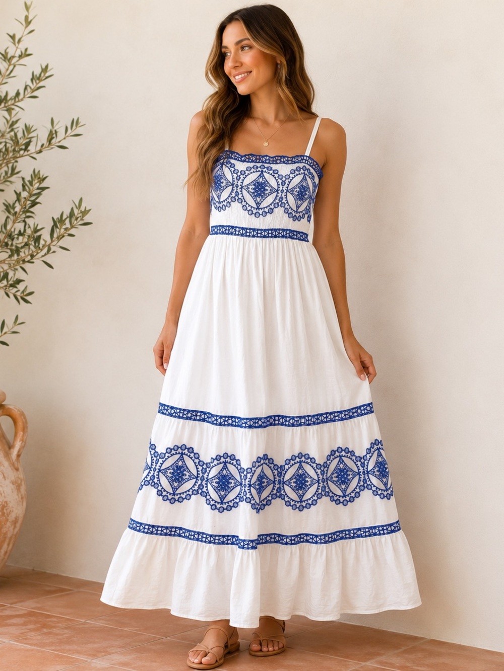 Nation AK Outfits Maxi Dress Medium White Blue Embroidered 100% Cotton Boho